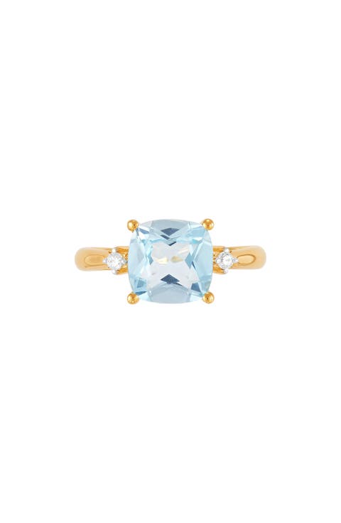 14K Yellow Gold Cushion Cut Swiss Blue Topaz & Diamond Ring