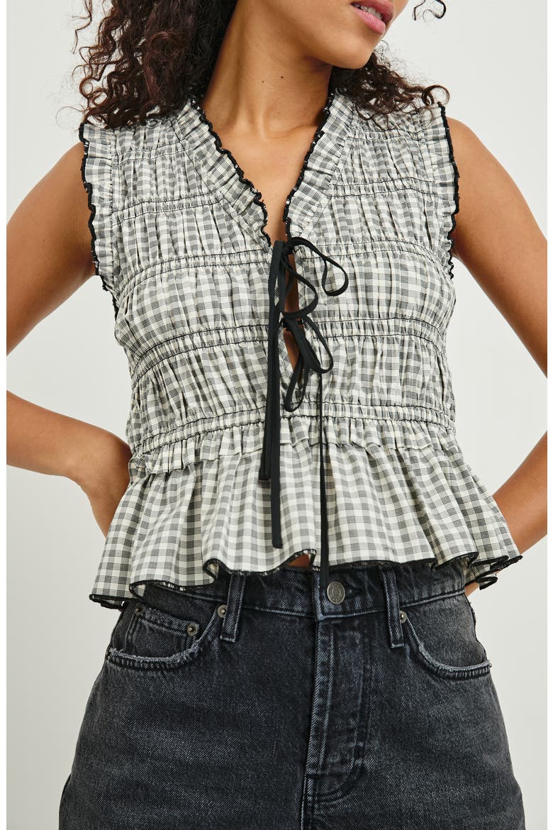 Martine Gingham Smocked Ruffle Crop Top, Alternate, color, IVORY JET GINGHAM