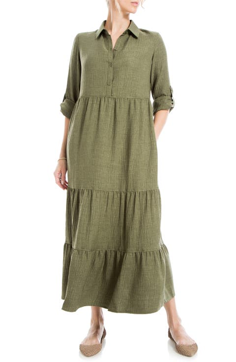 Tiered Long Sleeve Gauze Shirtdress