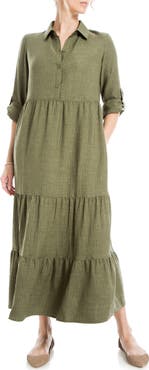 MAX STUDIO LONDON Tiered Long Sleeve Gauze Shirtdress