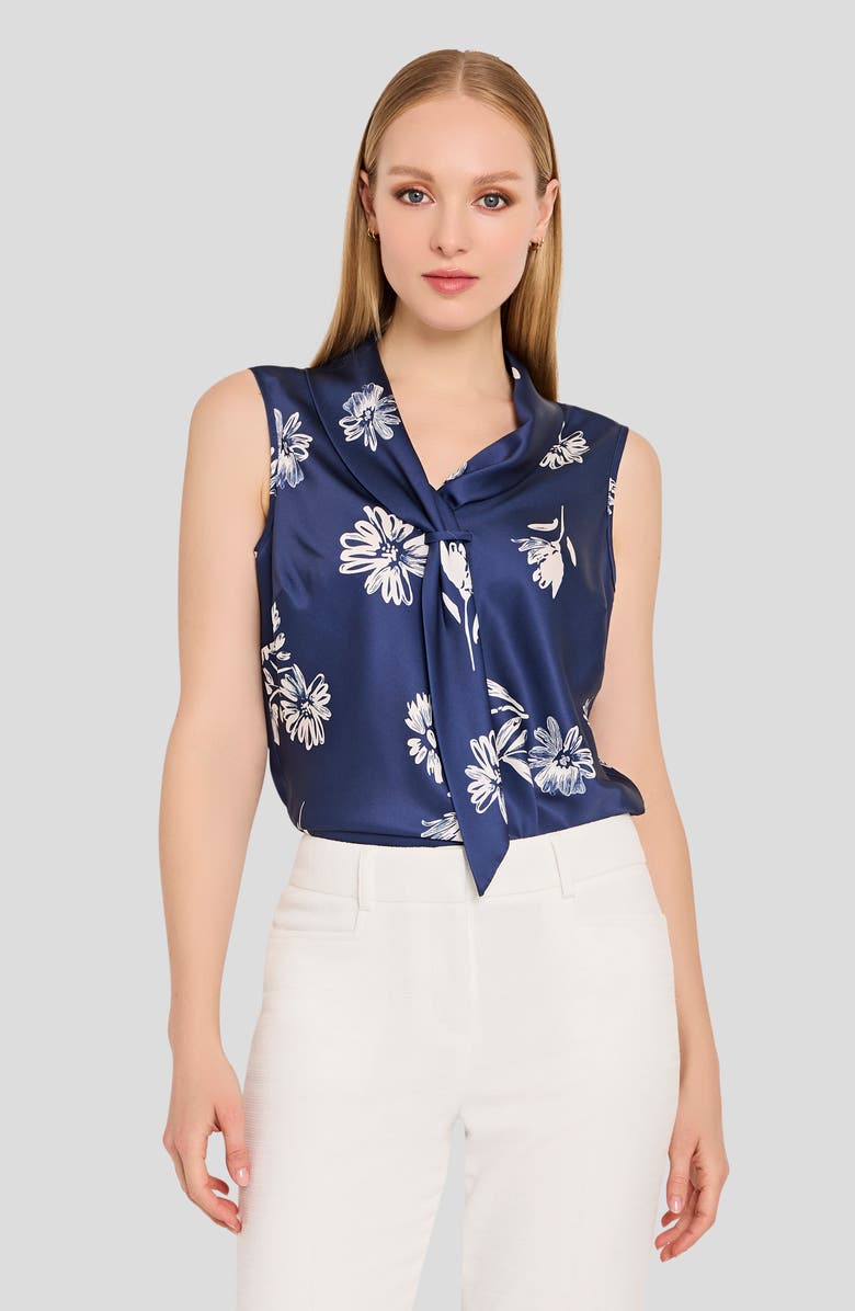 Tahari ASL Sailor Tie Neck Sleeveless Top, Alternate, color, Navy Ivory