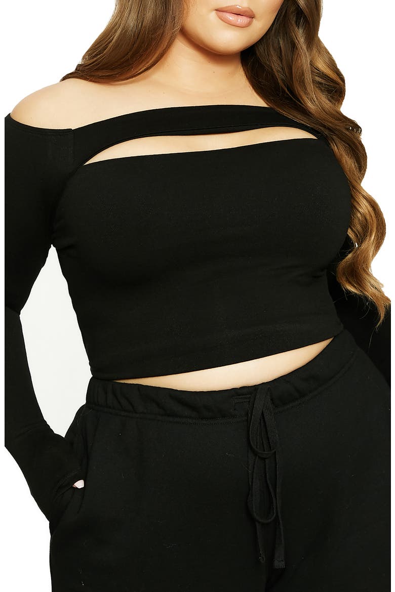 x Lori Harvey Front Cutout Off the Shoulder Crop Top, Alternate, color, BLACK