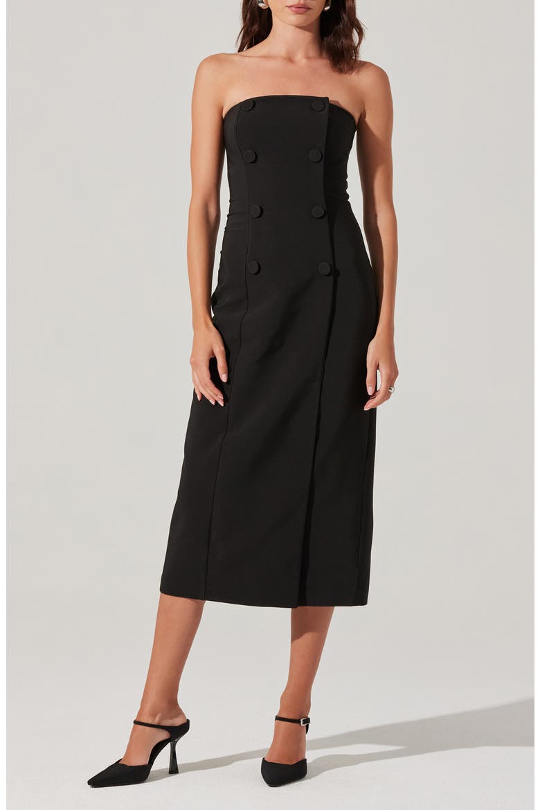 Strapless Tuxedo Midi Dress, Alternate, color, BLACK