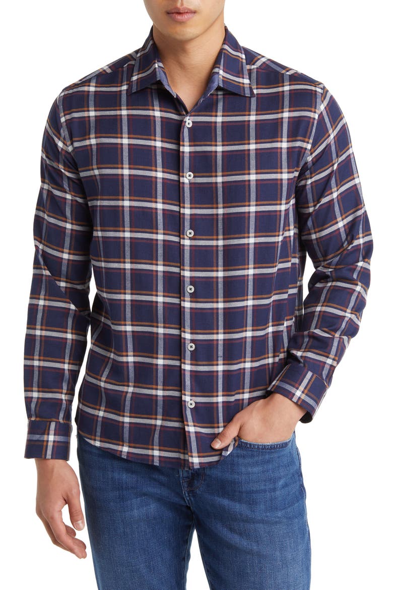 Tricolor Plaid Dry Touch® Performance Button-Up Shirt, Main, color, NAVY