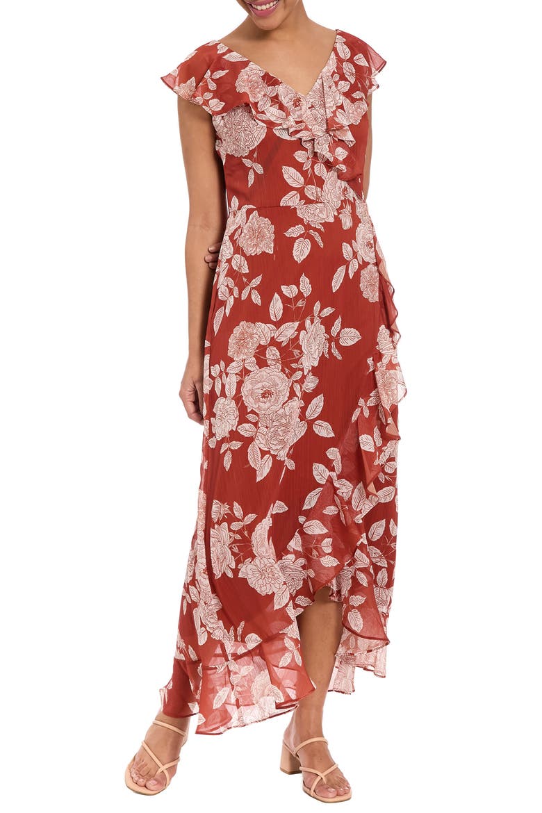 Ruffle Wrap Maxi Dress, Main, color, PICANTE/ WHITE ALYSSUM