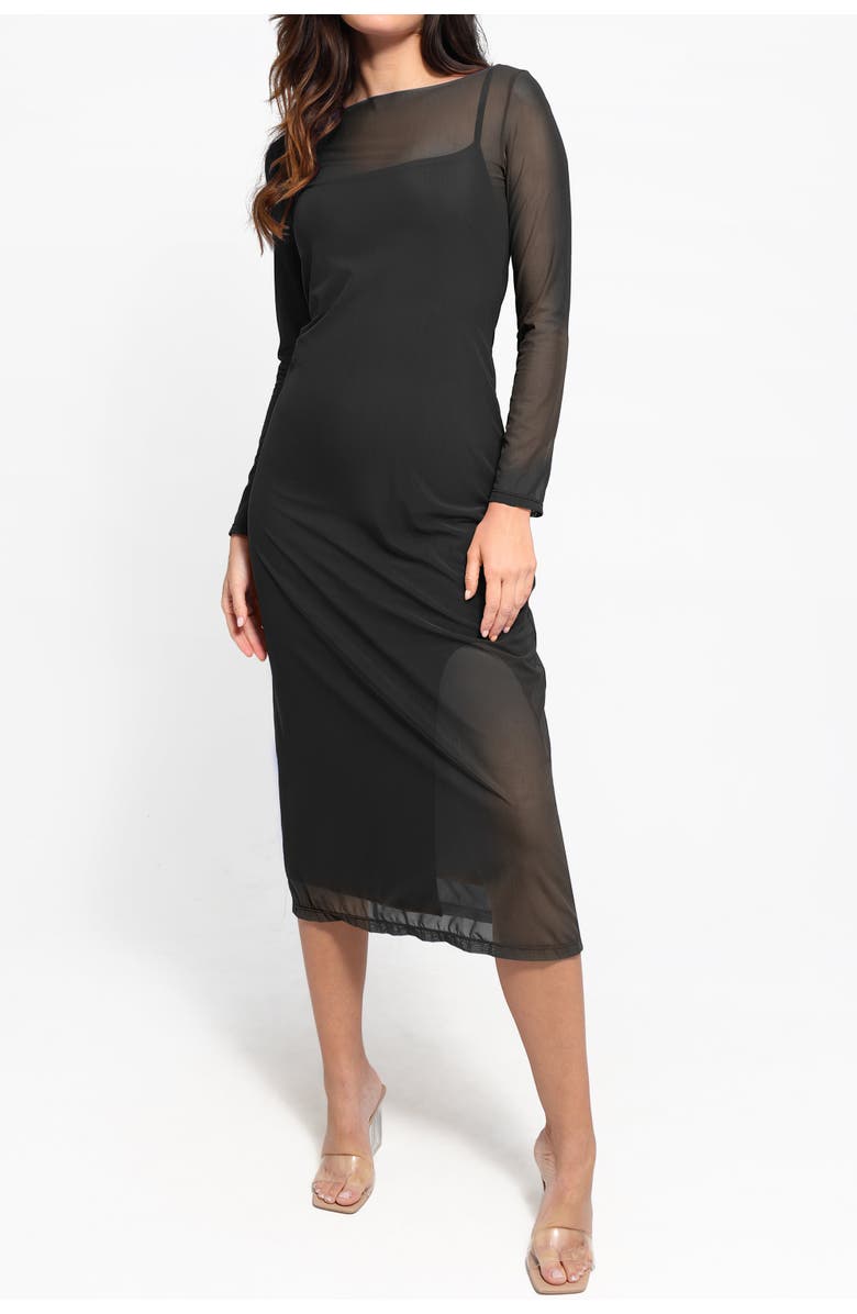 Popilush Shapewear Slimming Midi Work Dress and Sheer Mesh Overlay Set, Main, color, Solid Black
