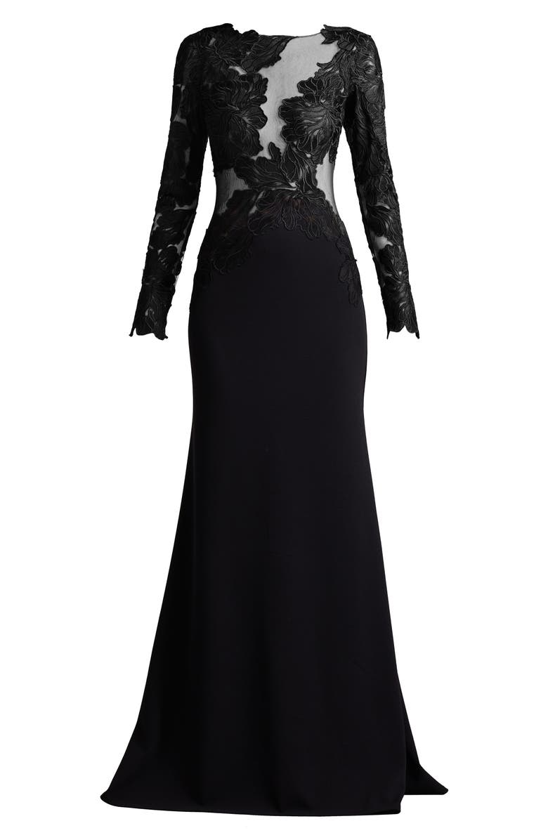 Tadashi Shoji Floral Embroidery Long Sleeve Gown, Alternate, color, Black/ Nude