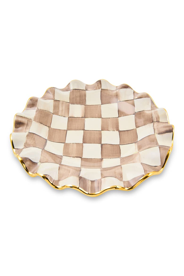 Mocha Check Ceramic Fluted Dessert Plate, Main, color, MOCHA