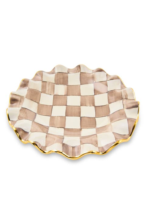 Mocha Check Ceramic Fluted Dessert Plate