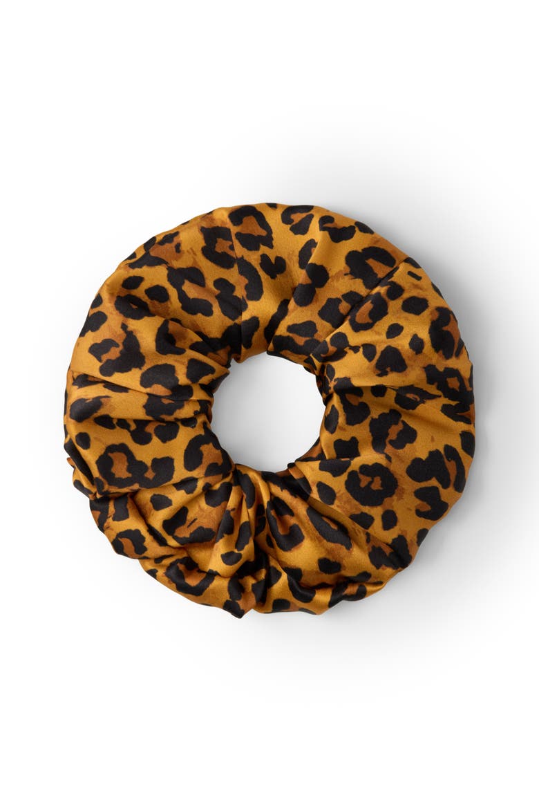 Leopard Silk Scunchie, Main, color, Brown