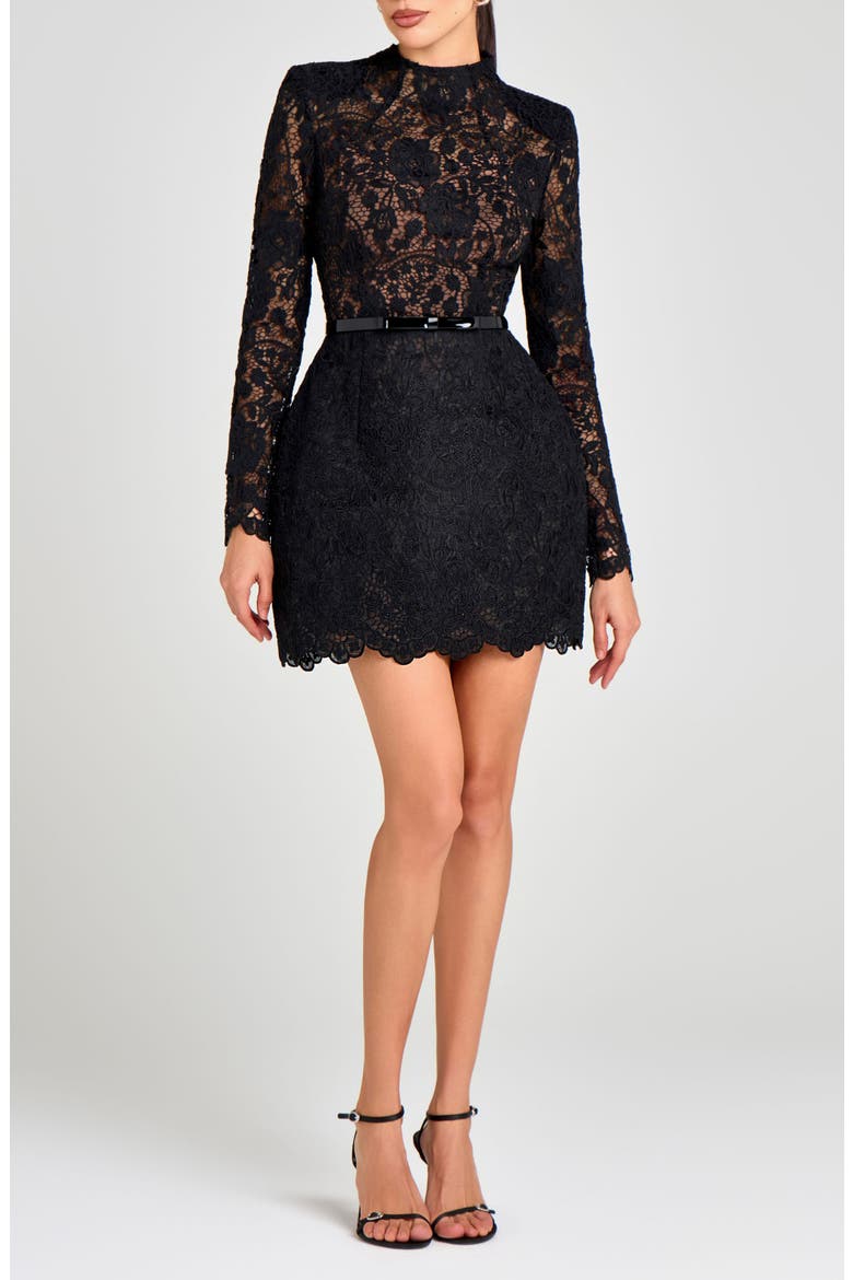 Addison Long Sleeve Lace Overlay Cocktail Minidress, Main, color, BLACK