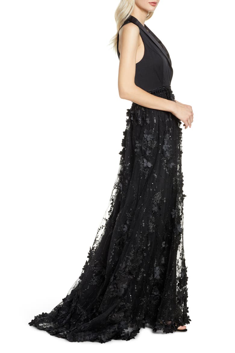 Tuxedo Lapel Floral Embellished Gown, Alternate, color, BLACK