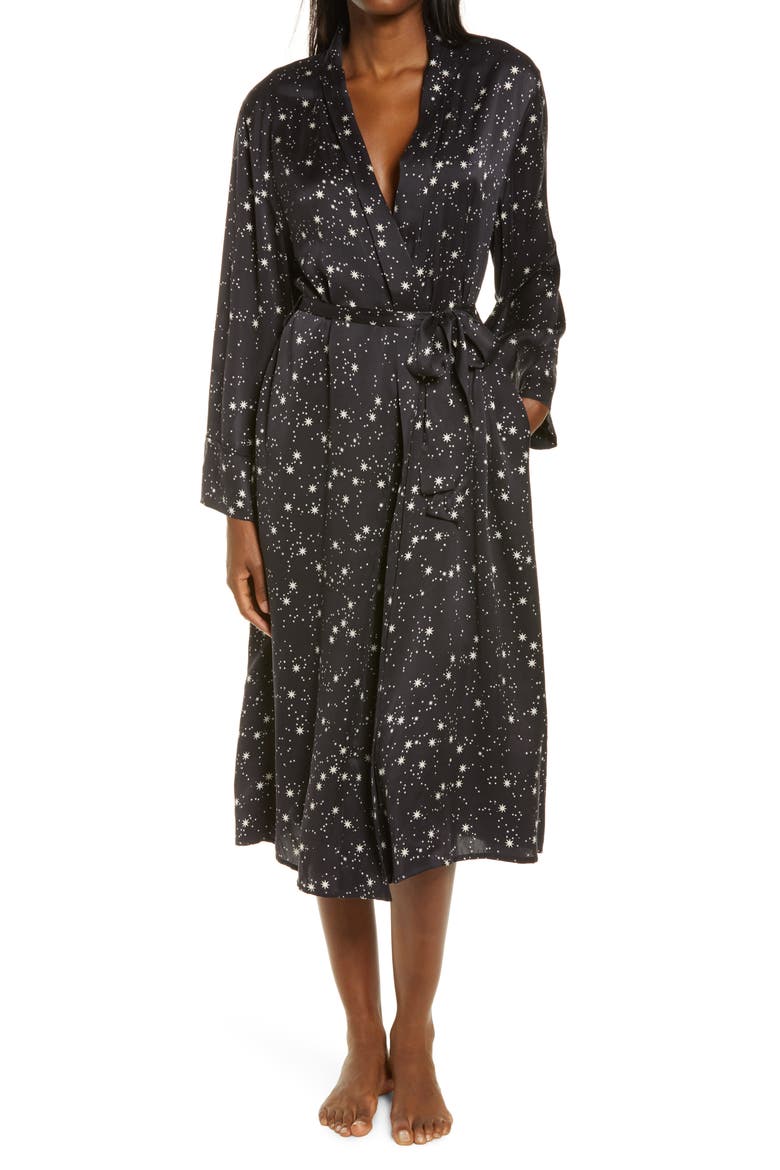 Star Print Silk Robe, Main, color, BLACK