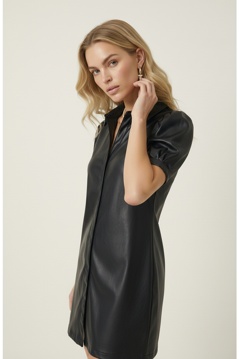 Faux Leather Puff Sleeve Shirt Dress, Alternate, color, Black