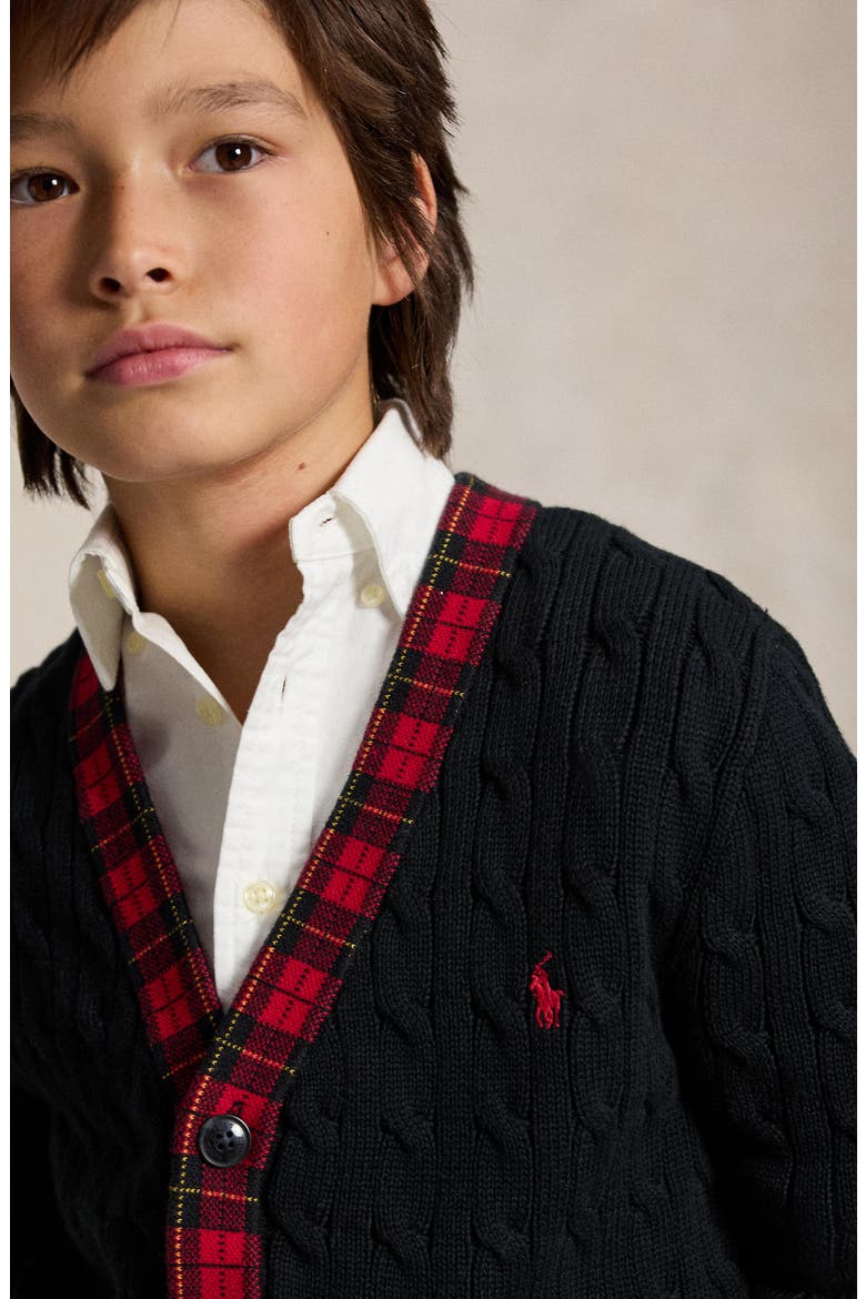 Kids' Plaid Trimmed Cable Cardigan, Alternate, color, POLO BLACK MULTI