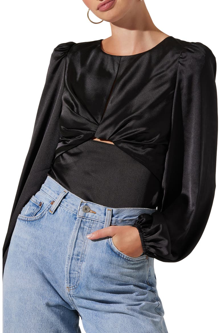 Twist Front Keyhole Balloon Sleeve Satin Top, Main, color, BLACK