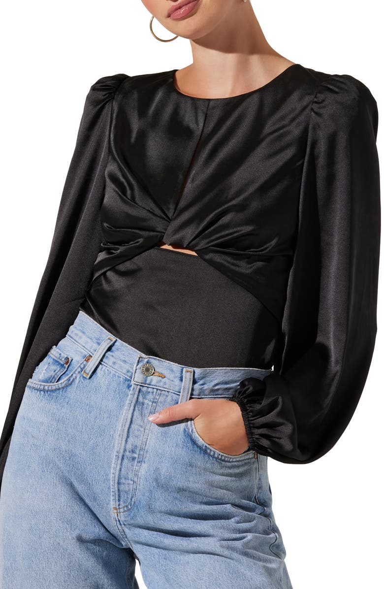 ASTR the Label Twist Front Keyhole Balloon Sleeve Satin Top, Main, color, 