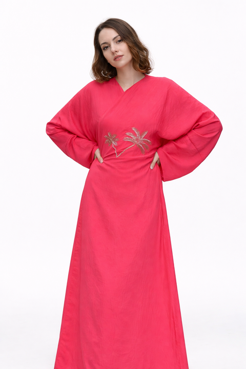 Palm Embroidered Silk Kaftan