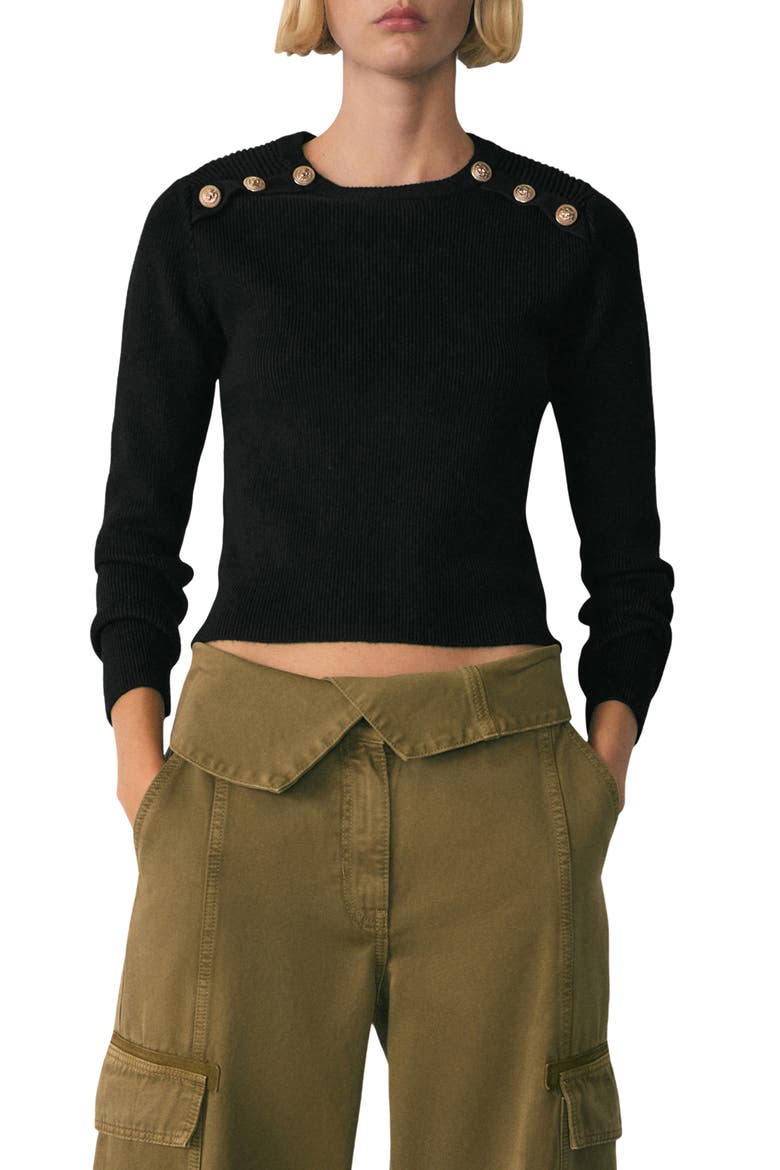 Button Shoulder Sweater, Main, color, BLACK