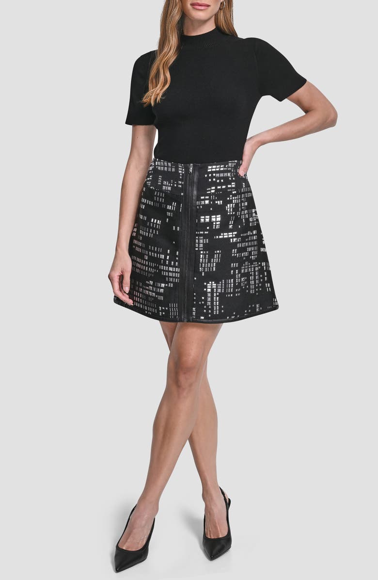 DKNY Front Zip Abstract Jacquard Miniskirt, Alternate, color, Black/ Silver