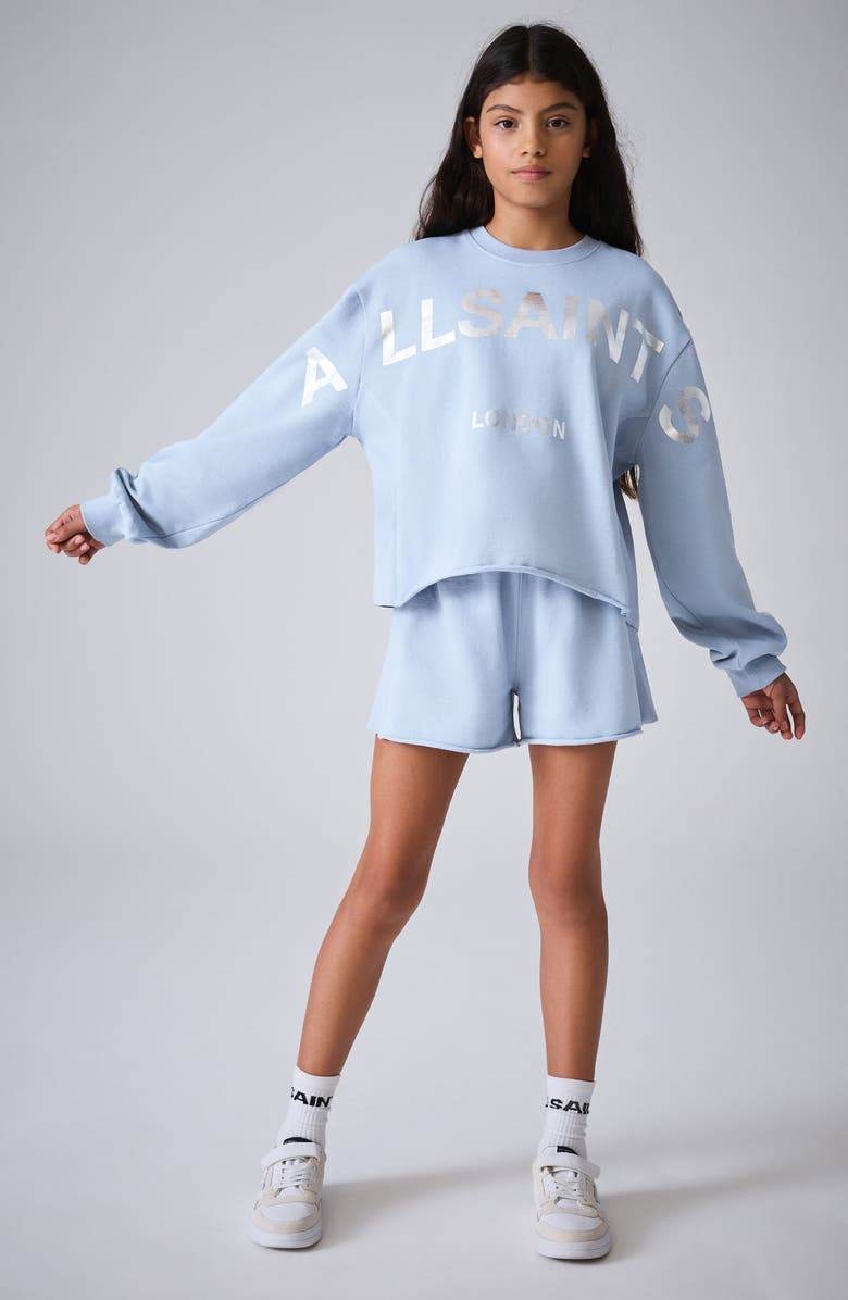smALLSAINTS by ALLSAINTS Kids' Biggie Oversized Cotton Graphic Sweatshirt & Ruffle Shorts Set, Alternate, color, Blue
