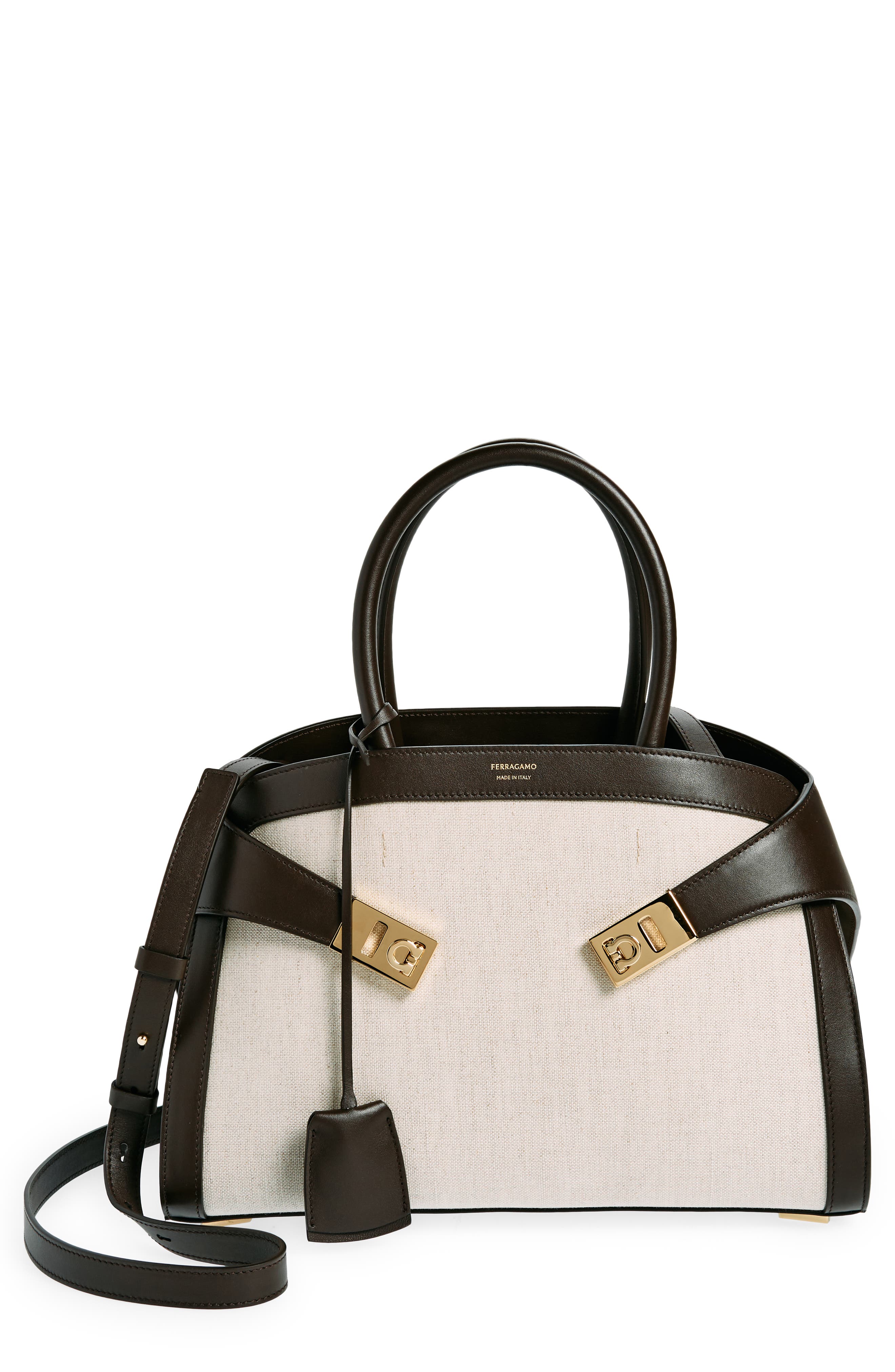 FERRAGAMO Small Hug Canvas & Leather Satchel, Main, color, 