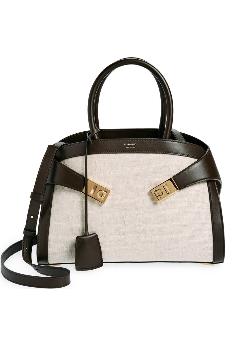 FERRAGAMO Small Hug Canvas & Leather Satchel, Main, color,