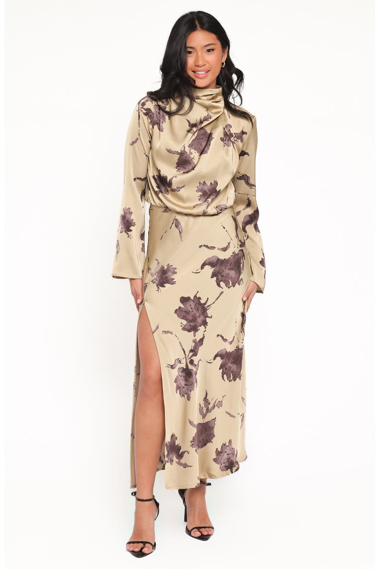 Kristyn Long Sleeve Cowl Neck Satin Dress, Alternate, color, OLIVE FLORAL