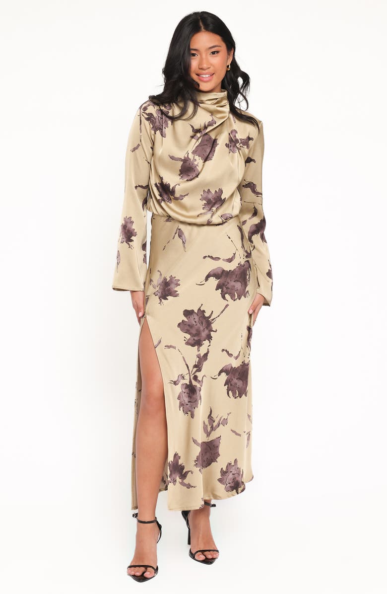 Petal & Pup Kristyn Long Sleeve Cowl Neck Satin Dress, Alternate, color, Olive Floral