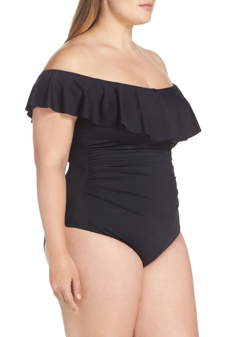 Off the Shoulder One-Piece Swimsuit, Alternate, color, BLACK