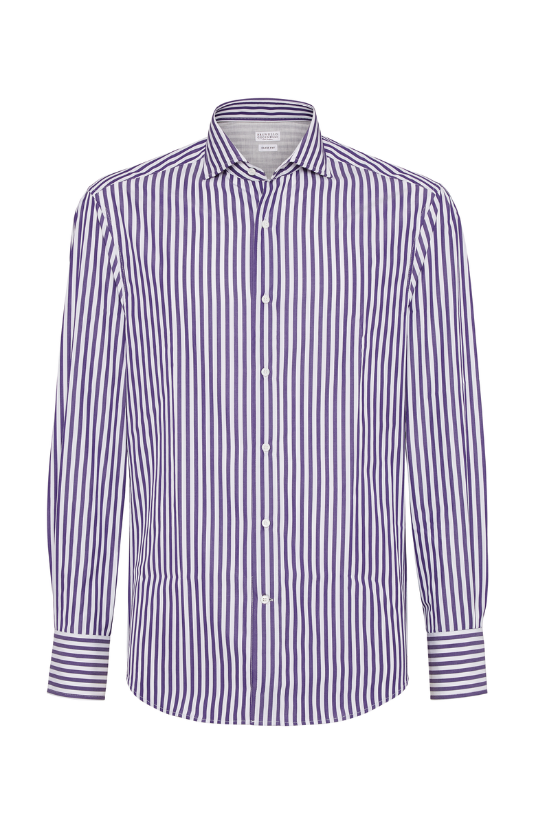 Brunello Cucinelli Striped poplin slim fit shirt with spread collar, Main, color, 