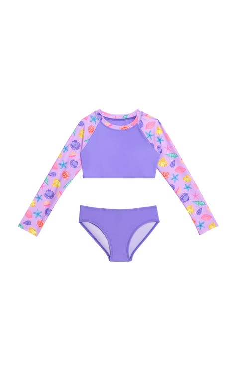 Girls Longsleeve Cropped Rashguard 2-Piece Swimwear Set