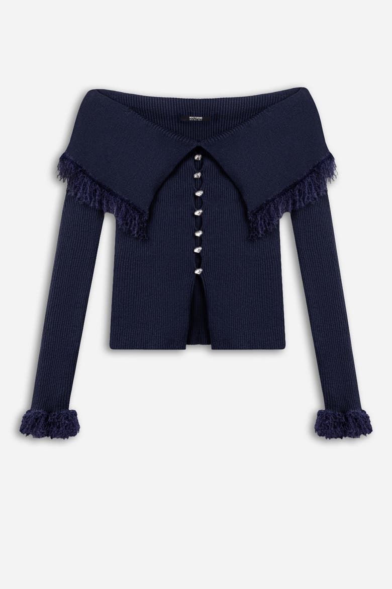 Fringed Collar Off Shoulder Cardigan, Alternate, color, Navy