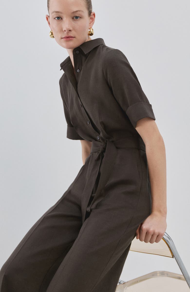 MANGO Lyocell Button-Up Jumpsuit, Alternate, color, Brown