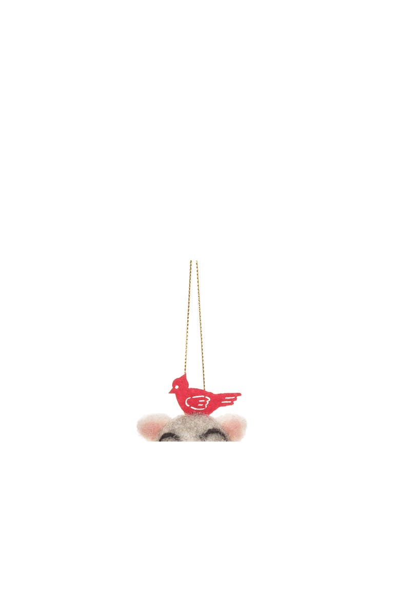 Mouse In Stocking W/Cardinal Fabric Ornament, Alternate, color, Red