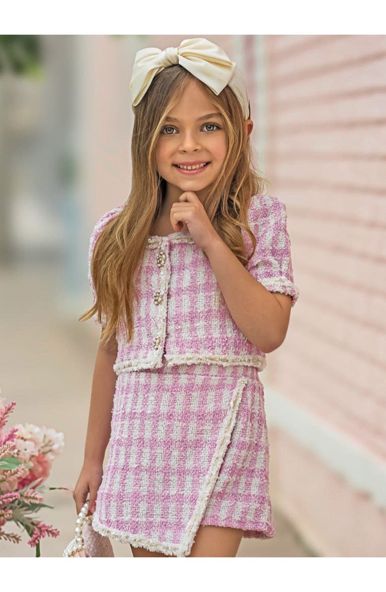 Mia Belle Girls Girls My Own Fashion Show Gingham Tweed Top and Skort Set, Alternate, color, Pink