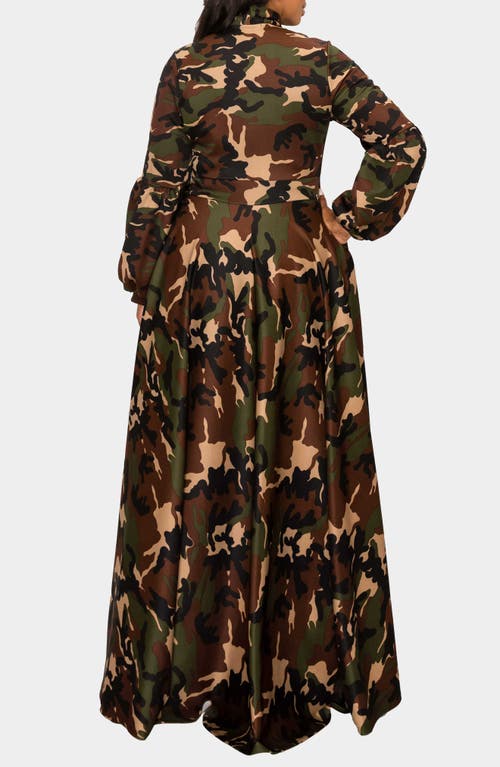 L I V D Bella Donna Camo Tie Neck Long Sleeve Maxi Shirtdress In Camo
