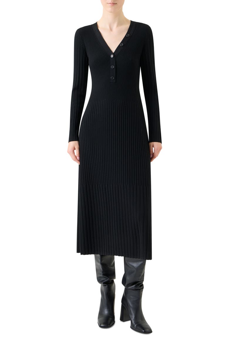 Mixed Rib Long Sleeve Virgin Merino Wool Sweater Dress, Main, color, BLACK