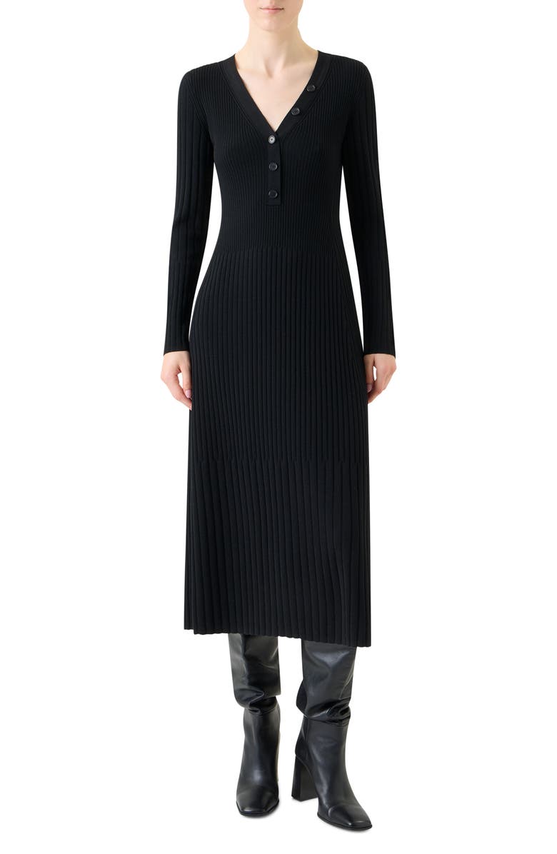 Akris punto Mixed Rib Long Sleeve Virgin Merino Wool Sweater Dress, Main, color, Black