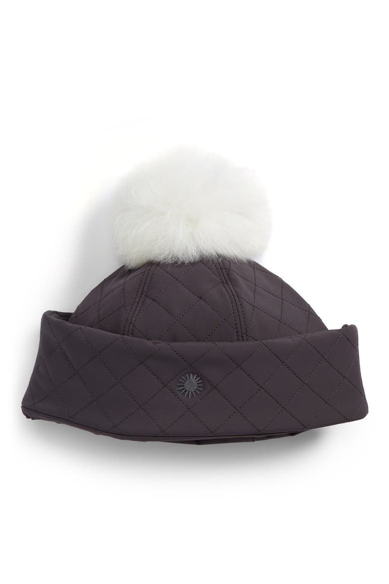 Australia Water Resistant Quilted Hat with Genuine Shearling Pompom, Main, color, GREY