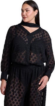 ELOQUII Sheer Polka Dot Blouse With Neck Tie (plus)