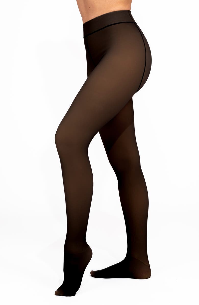 Hue Faux Sheer Fleece Lined Tights, Main, color, Black