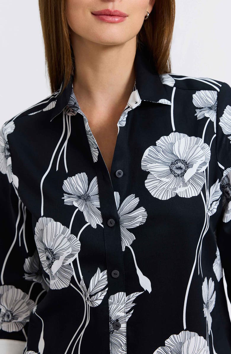 Foxcroft Marina Poppy Print Cotton Button-Up Shirt, Alternate, color, Black/ White