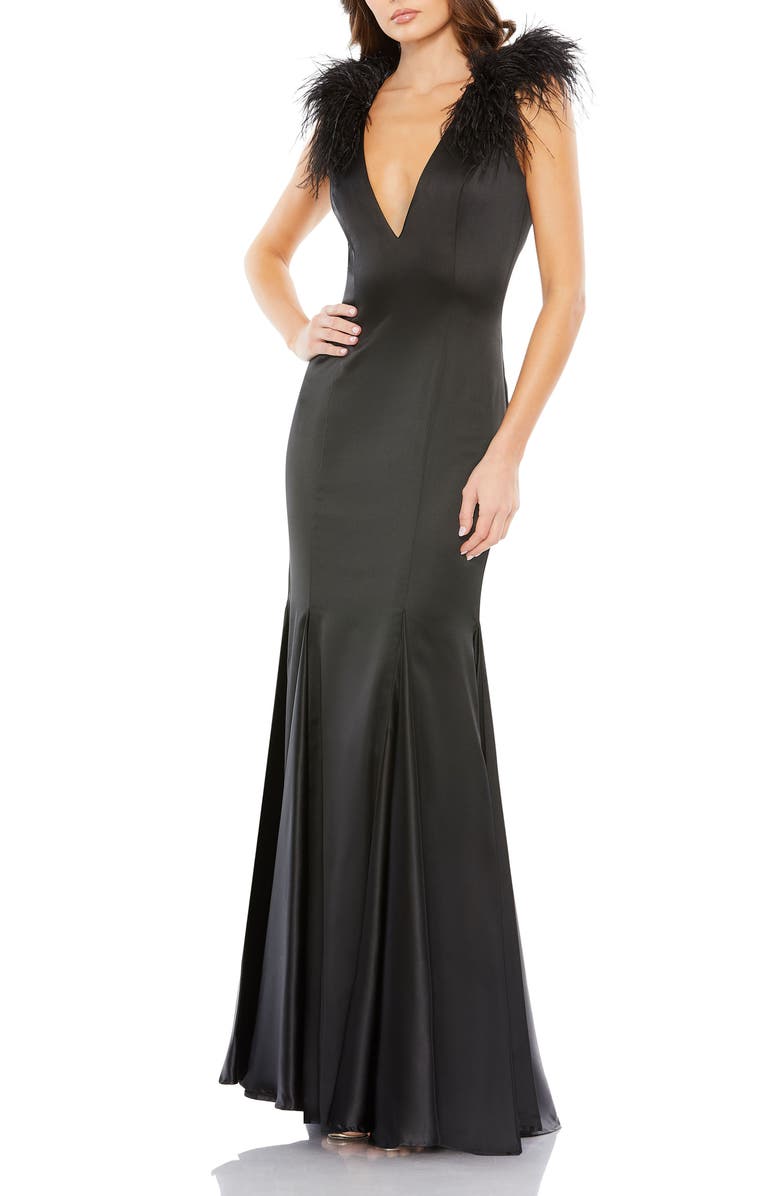 Mac Duggal Feather Shoulder V Neck Column Gown, Main, color, Black