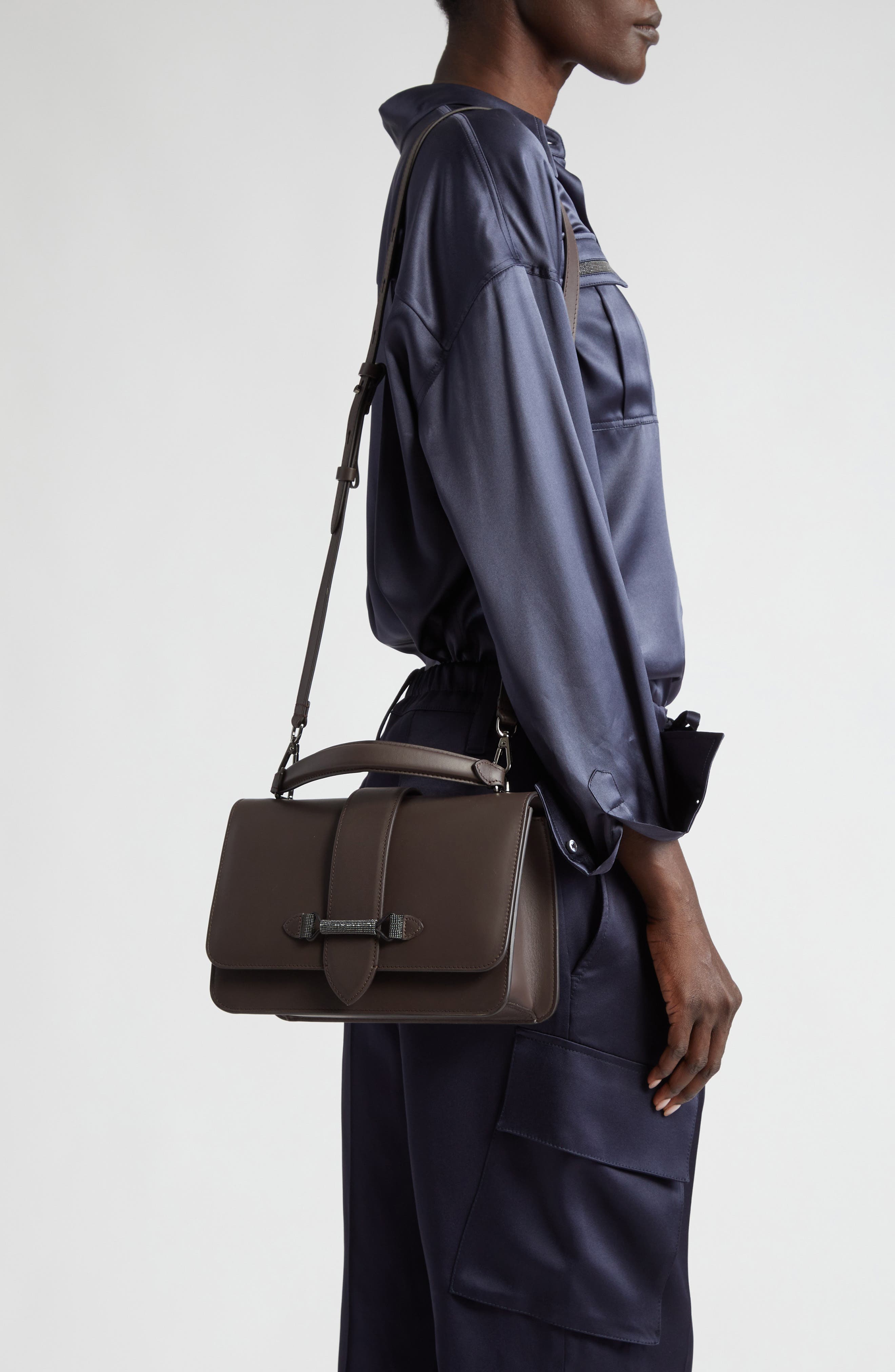 Brunello Cucinelli Medium Monili Trim Leather Top Handle Bag, Alternate, color, 