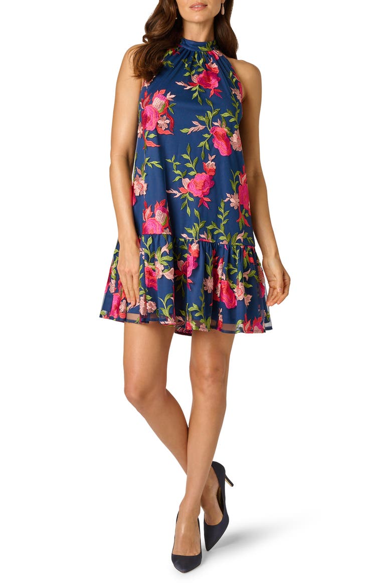 Embroidered Floral Mock Neck Minidress, Main, color, NAVY/ PINK MULTI