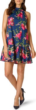 Adrianna Papell Embroidered Floral Mock Neck Minidress