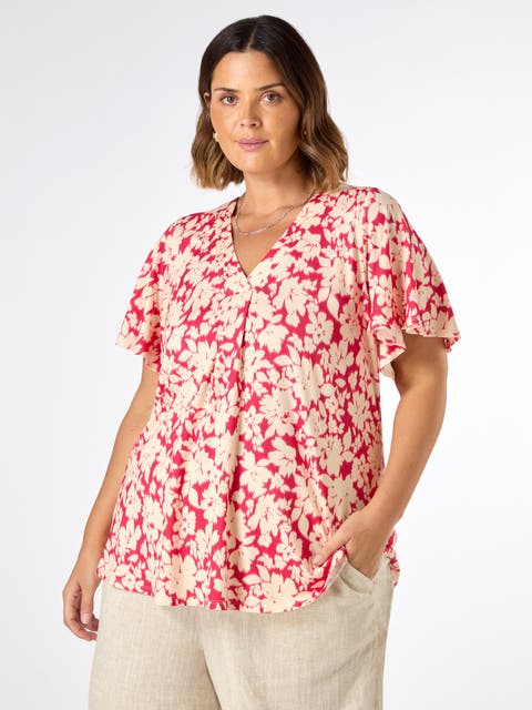 Floral Print Jersey Pleat Front Top