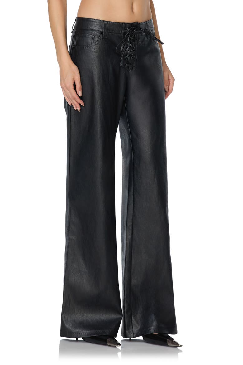 Lace Up Low Rise Flare Faux Leather Pants, Alternate, color, NOIR