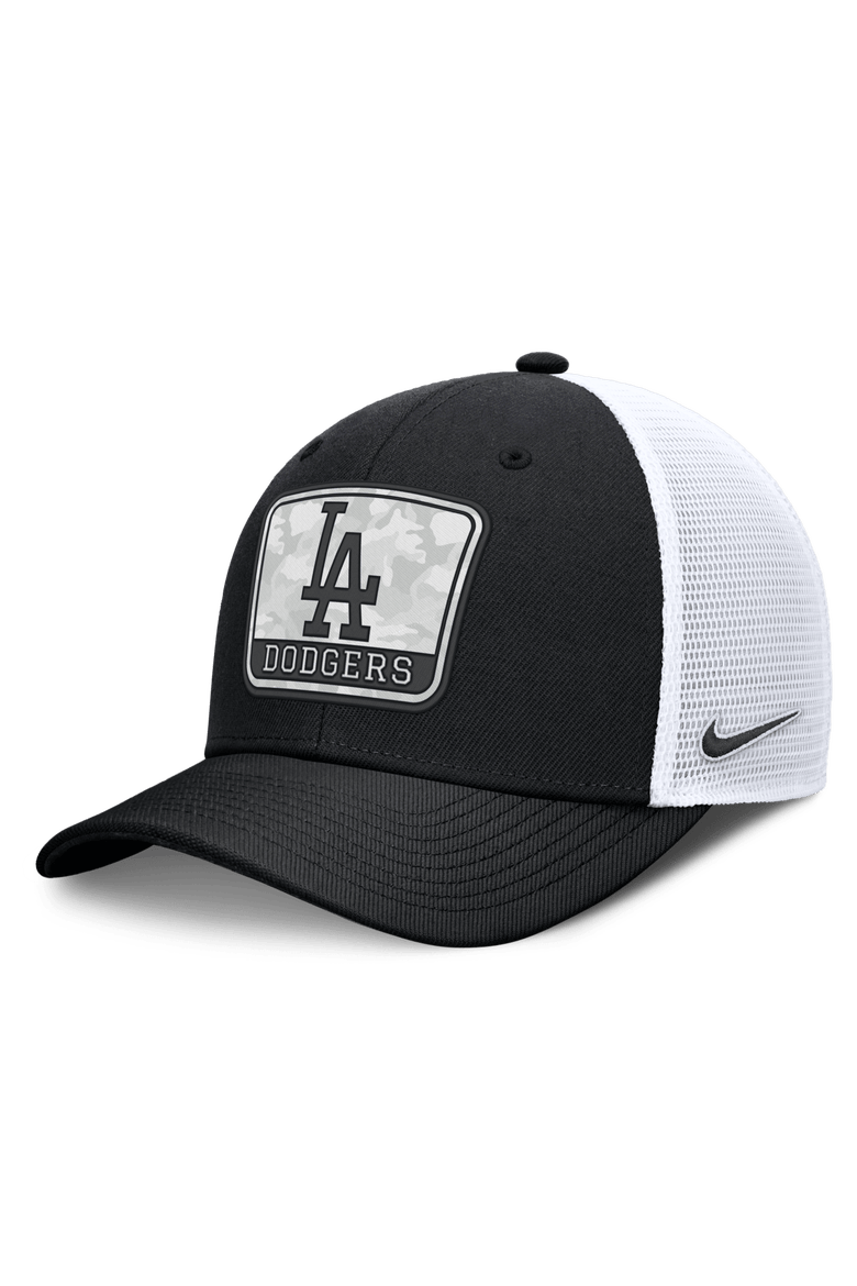 Men's Nike Black/White Los Angeles Dodgers Camo Rise Trucker Dri-FIT Adjustable Hat, Main, color, Black